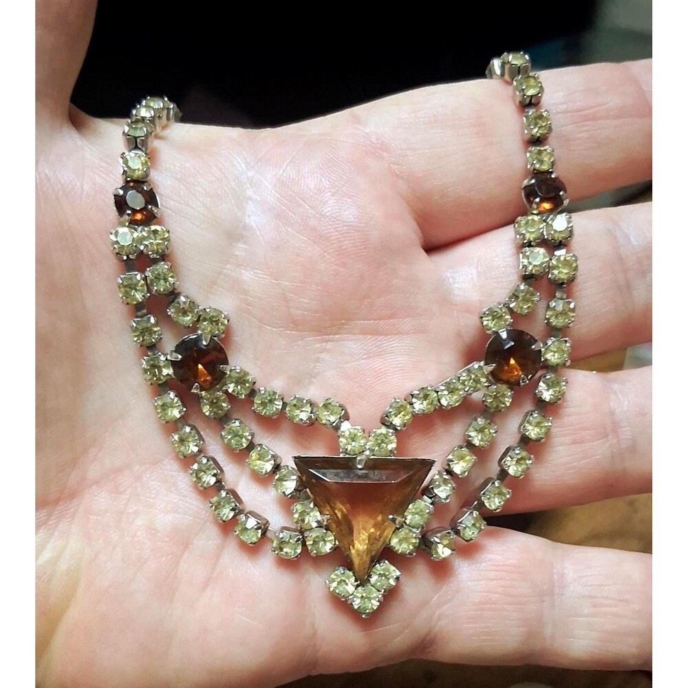Vintage Topaz Citrine Rhinestone Necklace Triangular Stone